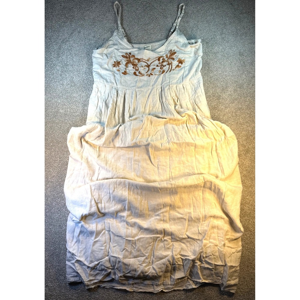 World Market Cream Embroidered Smocked Maxi Dress Cotton Linen Blend SM